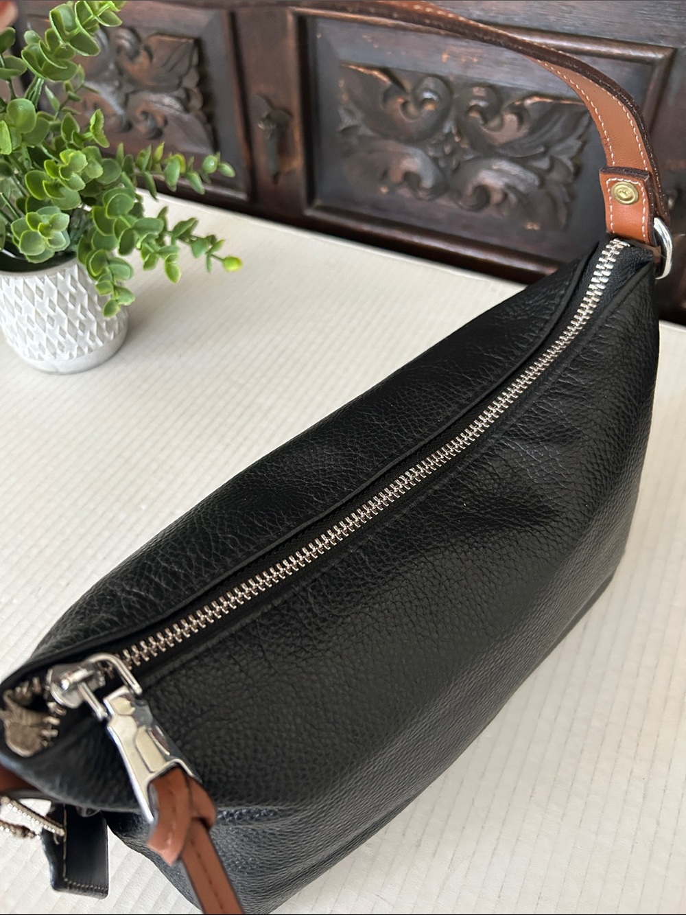 Black Leather Wristlet with Brown Strap - Picture 8 of 11
